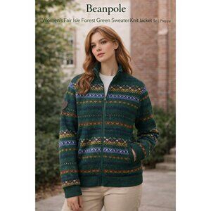 Beanpole Women’s Fair Isle Forest Green Sweater Knit Jacket Sz L Preppy